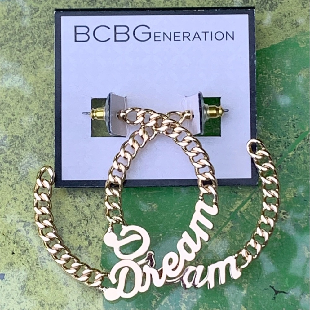 BCBGeneration Gold Chain “DREAM” Script LARGE HOOPS POST EARRINGS! 2” Diameter